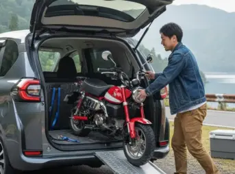 自然豊かな湖畔で、新型シエンタの荷室からラダーレールを使って赤いモンキー125を下ろしている日本人男性。テントやクーラーボックスが並び、趣味とアウトドアの雰囲気を伝える。