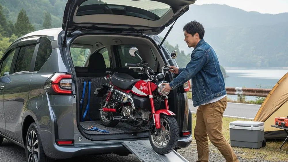 自然豊かな湖畔で、新型シエンタの荷室からラダーレールを使って赤いモンキー125を下ろしている日本人男性。テントやクーラーボックスが並び、趣味とアウトドアの雰囲気を伝える。