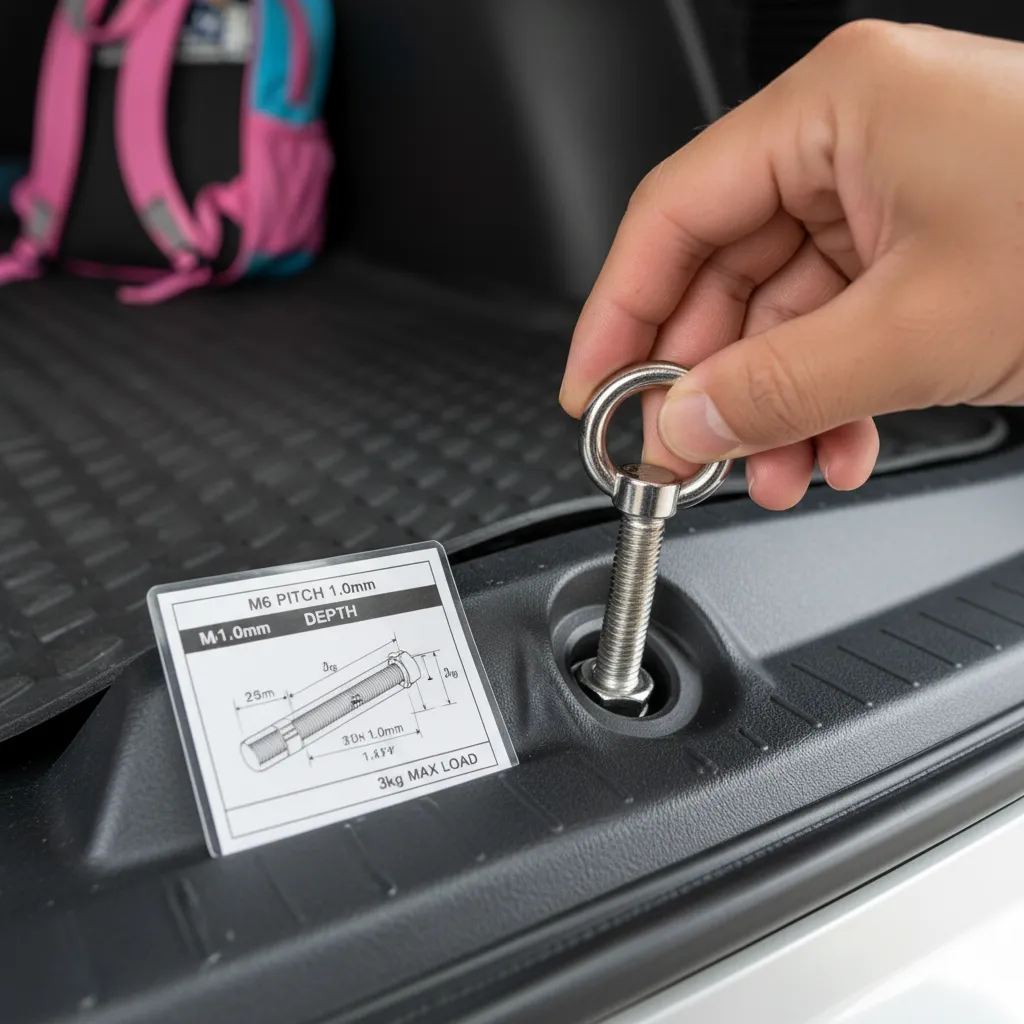 シエンタのユーティリティホール規格であるM6ボルトと、荷室の壁に取り付けられたフック。