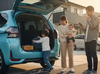 家族が旅行の準備で、トヨタのシエンタのトランクに荷物を積み込んでいる様子。父親がスマートフォンを見ながら、母親は赤ちゃんを抱っこし、幼い息子が自ら荷物を運び入れている。日本の住宅街の夕暮れ時、車は水色。