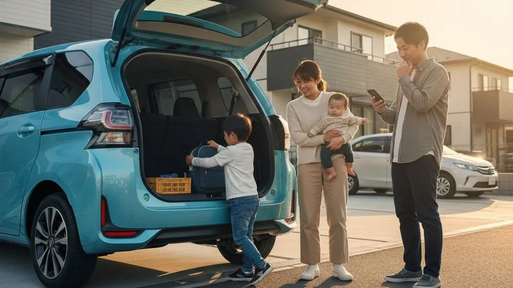 家族が旅行の準備で、トヨタのシエンタのトランクに荷物を積み込んでいる様子。父親がスマートフォンを見ながら、母親は赤ちゃんを抱っこし、幼い息子が自ら荷物を運び入れている。日本の住宅街の夕暮れ時、車は水色。