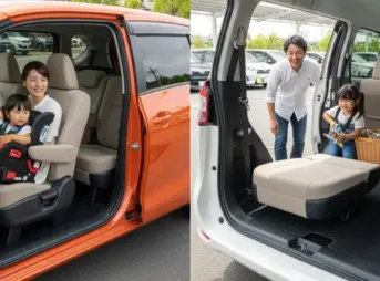 新旧シエンタの車内比較。左は旧型シエンタの6人乗りキャプテンシートに座る家族、右は新型シエンタの広々とした荷室と天井サーキュレーターで快適に過ごす家族。