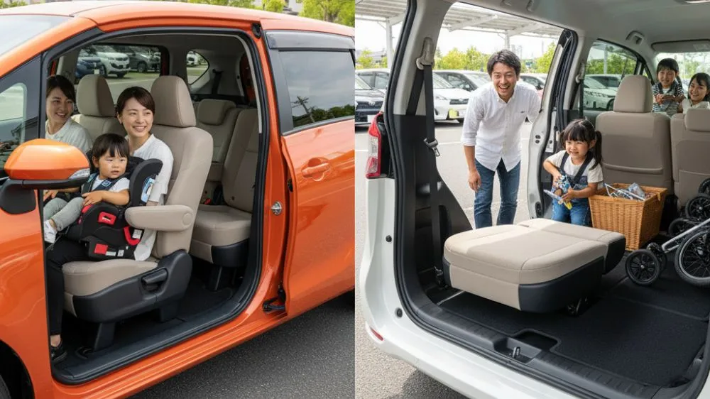 新旧シエンタの車内比較。左は旧型シエンタの6人乗りキャプテンシートに座る家族、右は新型シエンタの広々とした荷室と天井サーキュレーターで快適に過ごす家族。