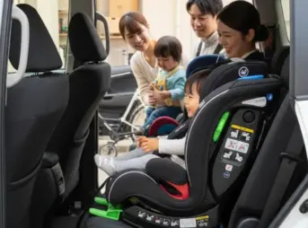 新型シエンタの広い車内でお子様をISOFIXチャイルドシートに乗せている家族。