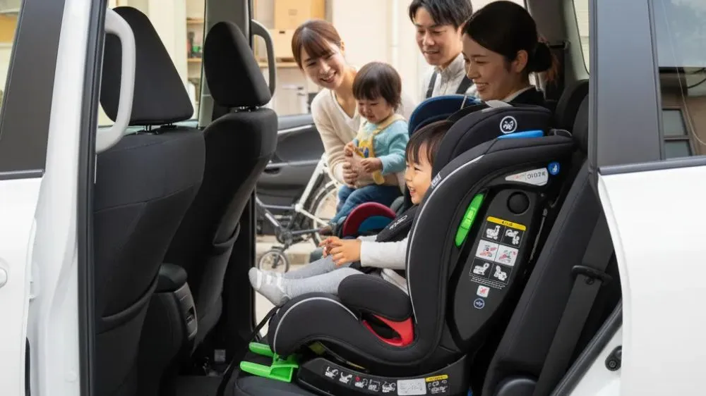 新型シエンタの広い車内でお子様をISOFIXチャイルドシートに乗せている家族。