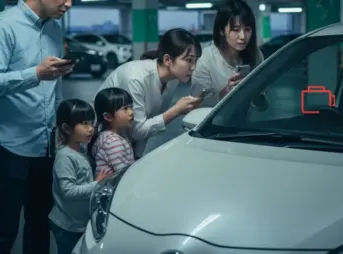 地下駐車場でバッテリーが上がってしまい、エンジンがかからず困惑している日本の家族。スマートキーも反応せず、スマートフォンで対処法を調べている。メーターパネルにはバッテリー警告灯が点灯している。