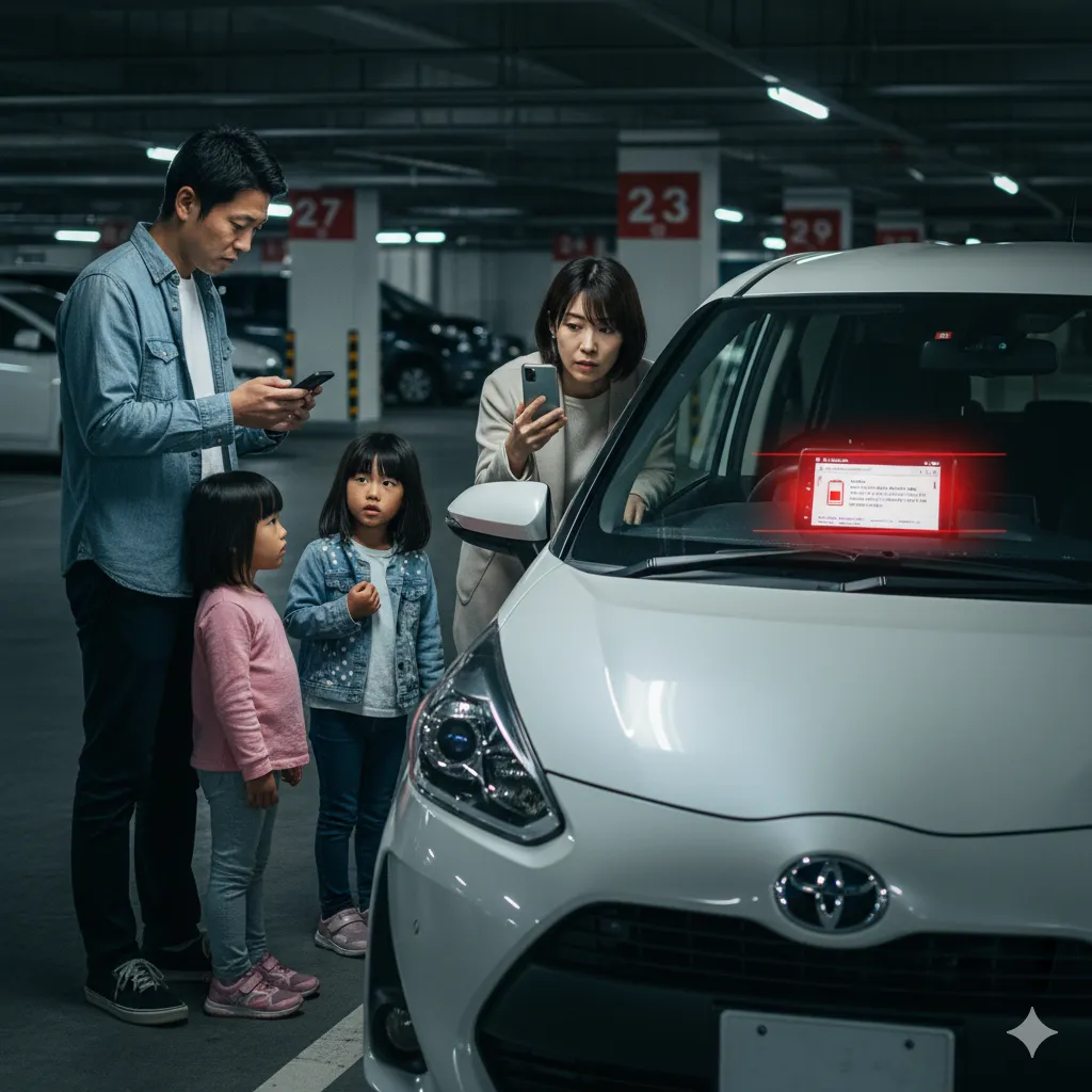 地下駐車場でバッテリーが上がり、エンジンがかからなくなったシエンタの前で困惑する日本の家族。スマートキーも反応せず、スマートフォンでロードサービスに連絡しようとしている。