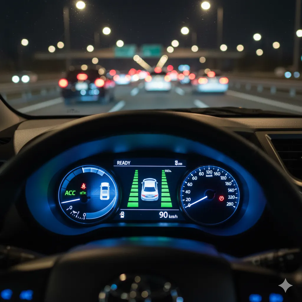 シエンタのメーターパネルに、先行車を追従していることを示すレーダークルーズコントロール（全車速追従機能）のアイコンが点灯している様子。