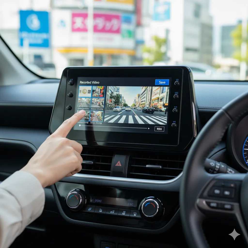 シエンタのディスプレイオーディオで、日本人の手が録画されたドライブレコーダーの映像を再生している様子。画面には走行中の市街地の映像が映し出されている。