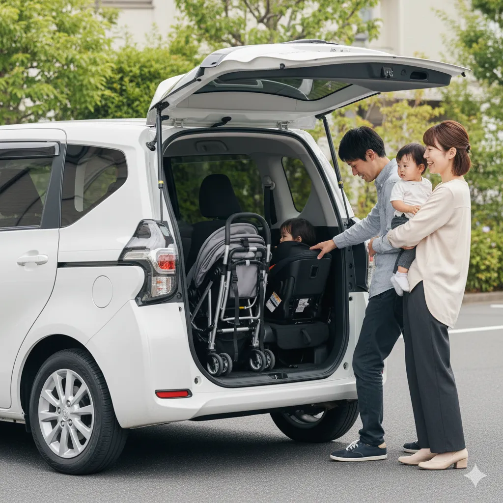 シエンタの荷室に縦置きされたベビーカーとチャイルドシートを確認し、満足そうに微笑む日本人夫婦と子供。