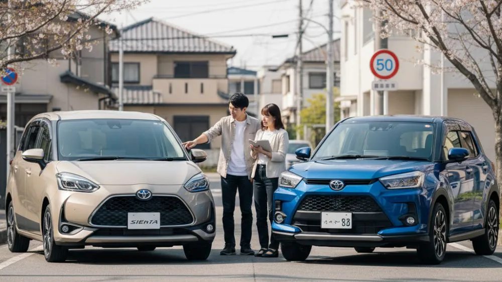 トヨタ シエンタ（ミニバン）とトヨタ ライズ（SUV）が並んで比較されている様子を示す画像
