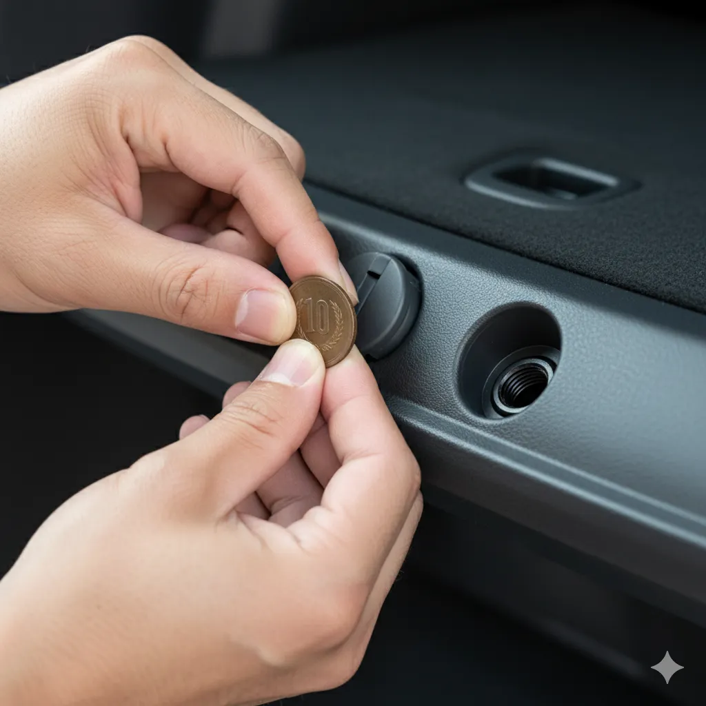 日本人の手が10円硬貨を使って、シエンタのユーティリティホールカバーを回して外している作業の様子。