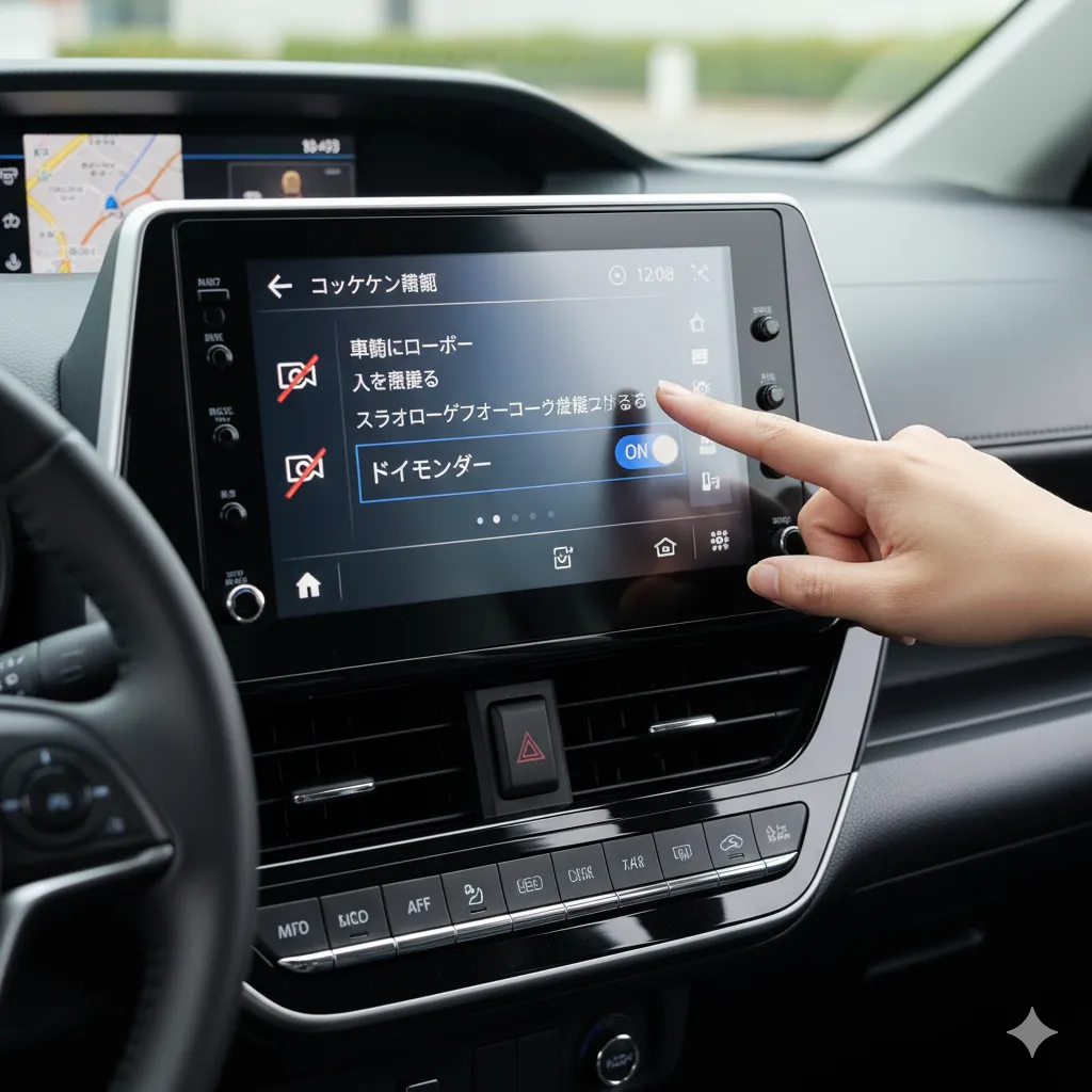 シエンタのディスプレイオーディオで、日本人の手がドライブレコーダーの設定画面を操作し、「ドライブレコーダー」機能を「オン」にしている様子。