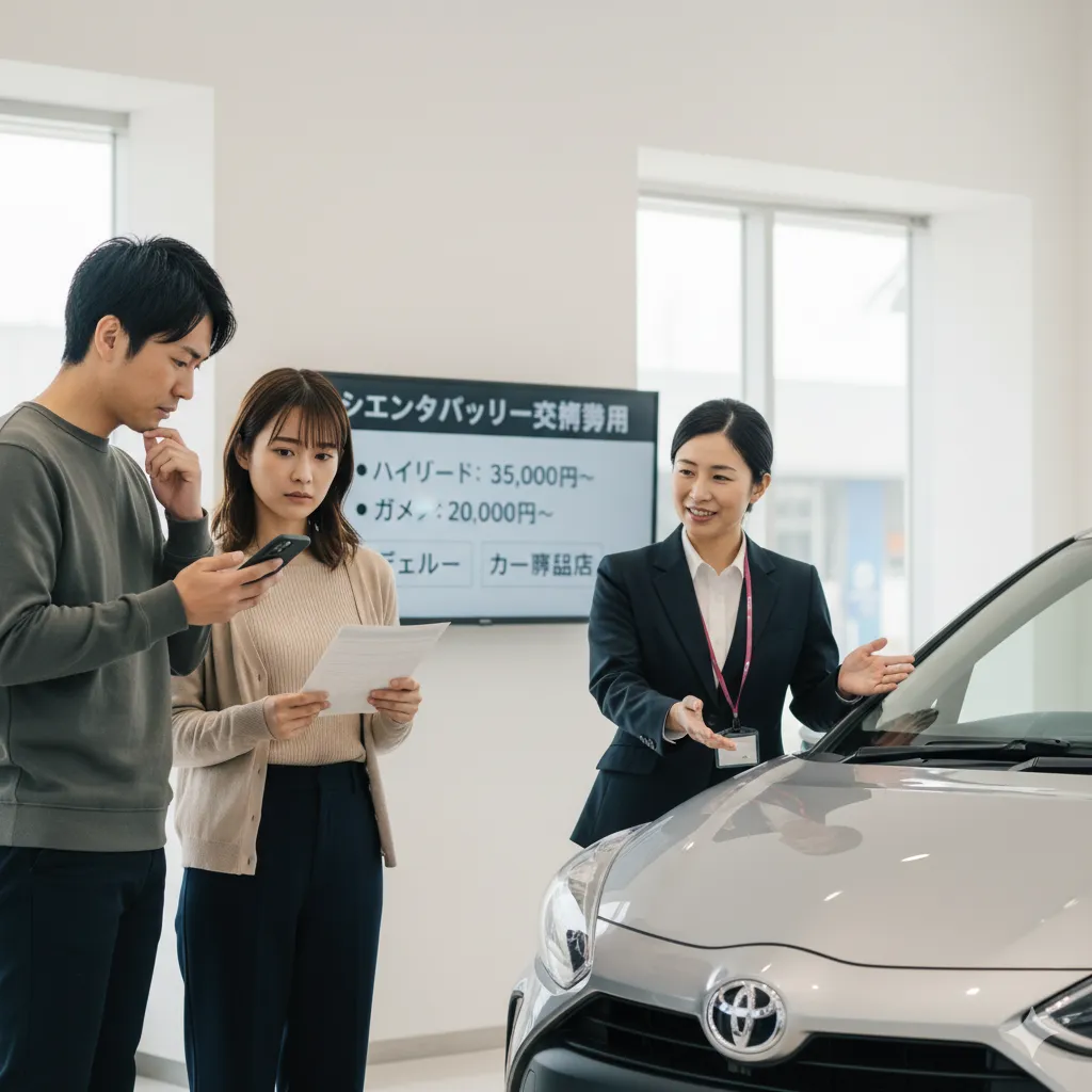 ディーラーで、営業担当者がシエンタのバッテリー交換費用について説明している。夫婦が説明を聞きながらスマートフォンや書類を見ている。