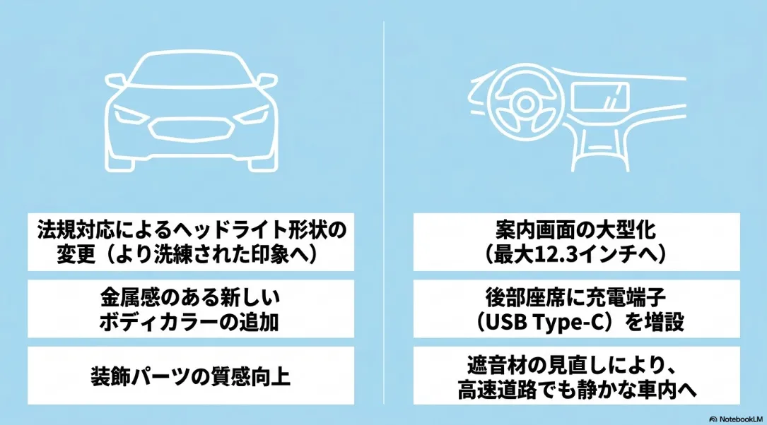新型シエンタのヘッドライト形状変更や新ボディカラー追加、案内画面の大型化などの変更点