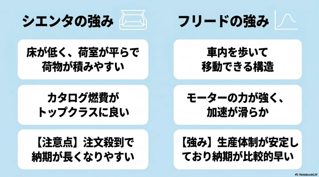 シエンタの平らな荷室と燃費の良さ、フリードのウォークスルー構造と安定した納期などの比較