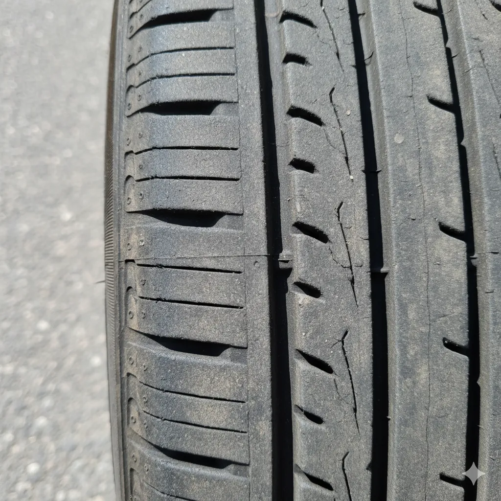 摩耗したタイヤのスリップサイン。タイヤの溝が浅くなり交換時期が近いことを示す。