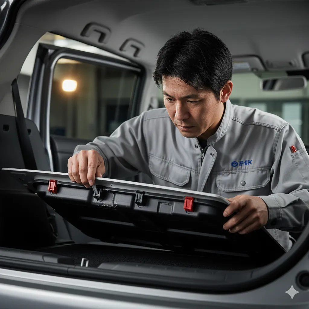 整備士がシエンタのラゲージルームの床下収納カバーを慎重に開けている。