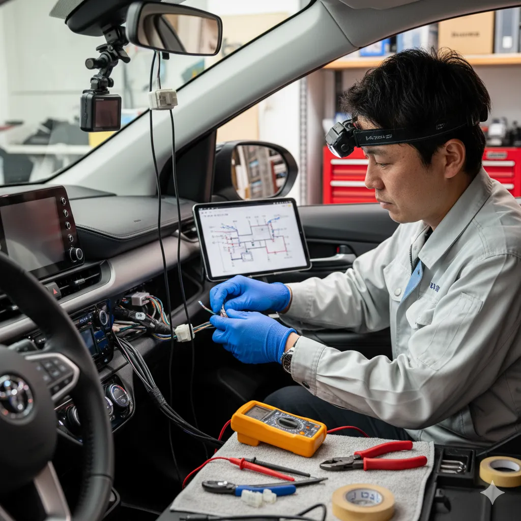 新型シエンタの運転席で、日本人の男性整備士がヘッドライトを装着し、検電テスターや工具を使いながらドライブレコーダーの配線作業を行っている。タブレットには配線図が表示されている。