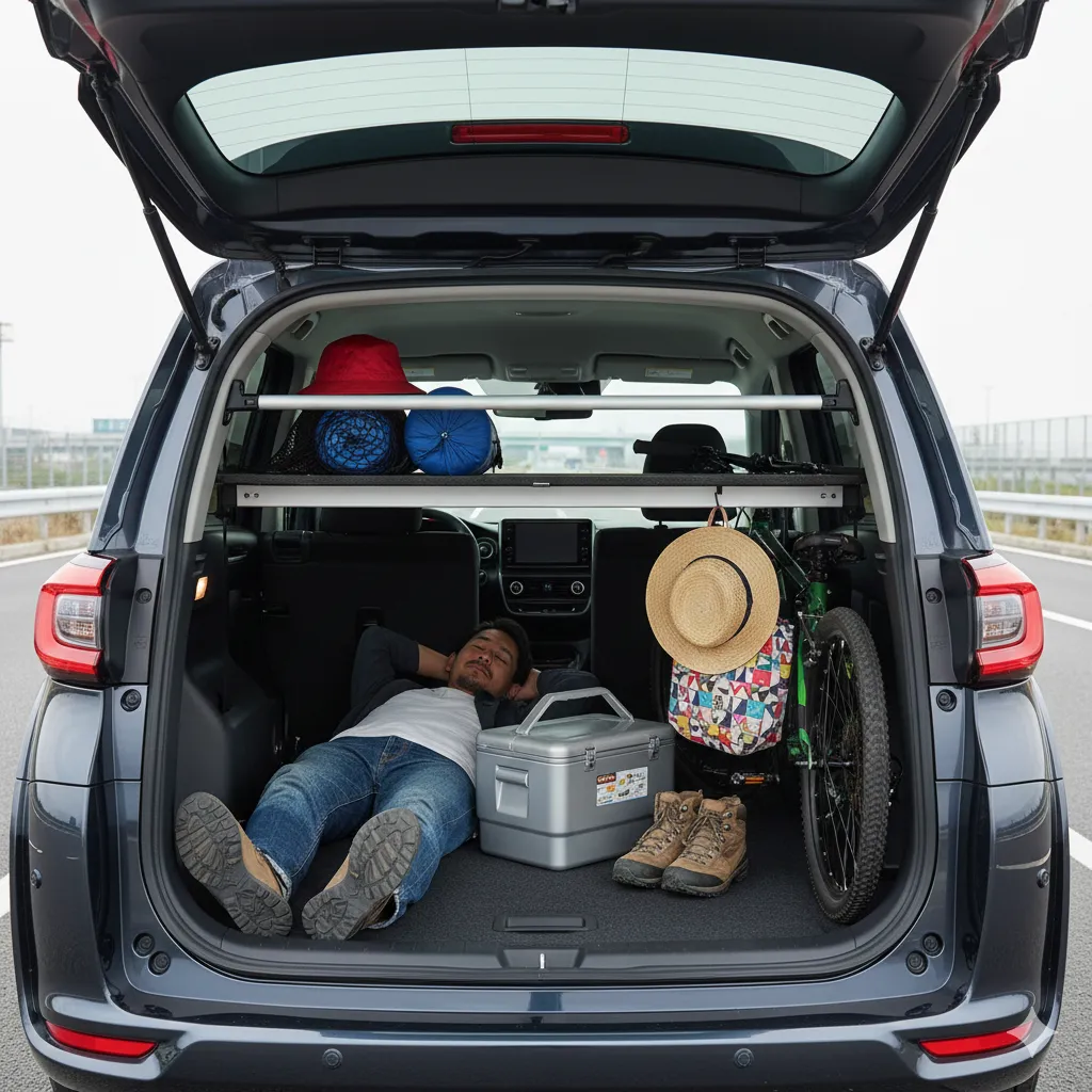 シエンタの荷室に純正オプションのシステムバーとラゲージアッパーボードを設置し、荷室を2段活用している状態。