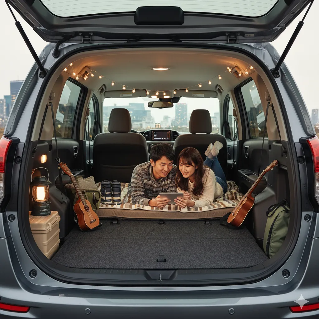 シエンタ5人乗りモデルの後部座席（セカンドシート）を格納し、広大でフラットな荷室空間（フラットラゲージモード）が完成した状態。