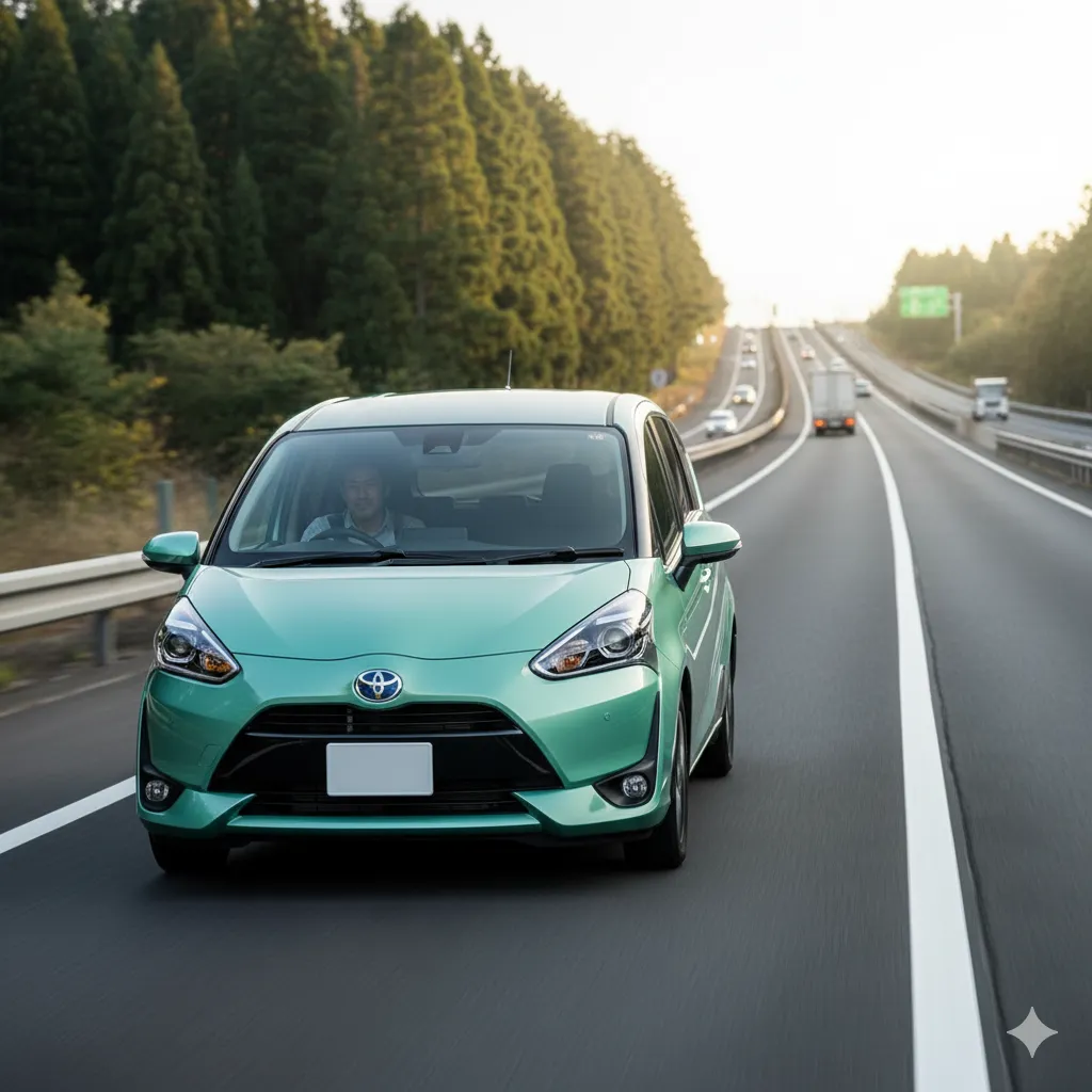 高速道路の登坂車線を走行するシエンタ。パワー不足が懸念されるシーンを表現。