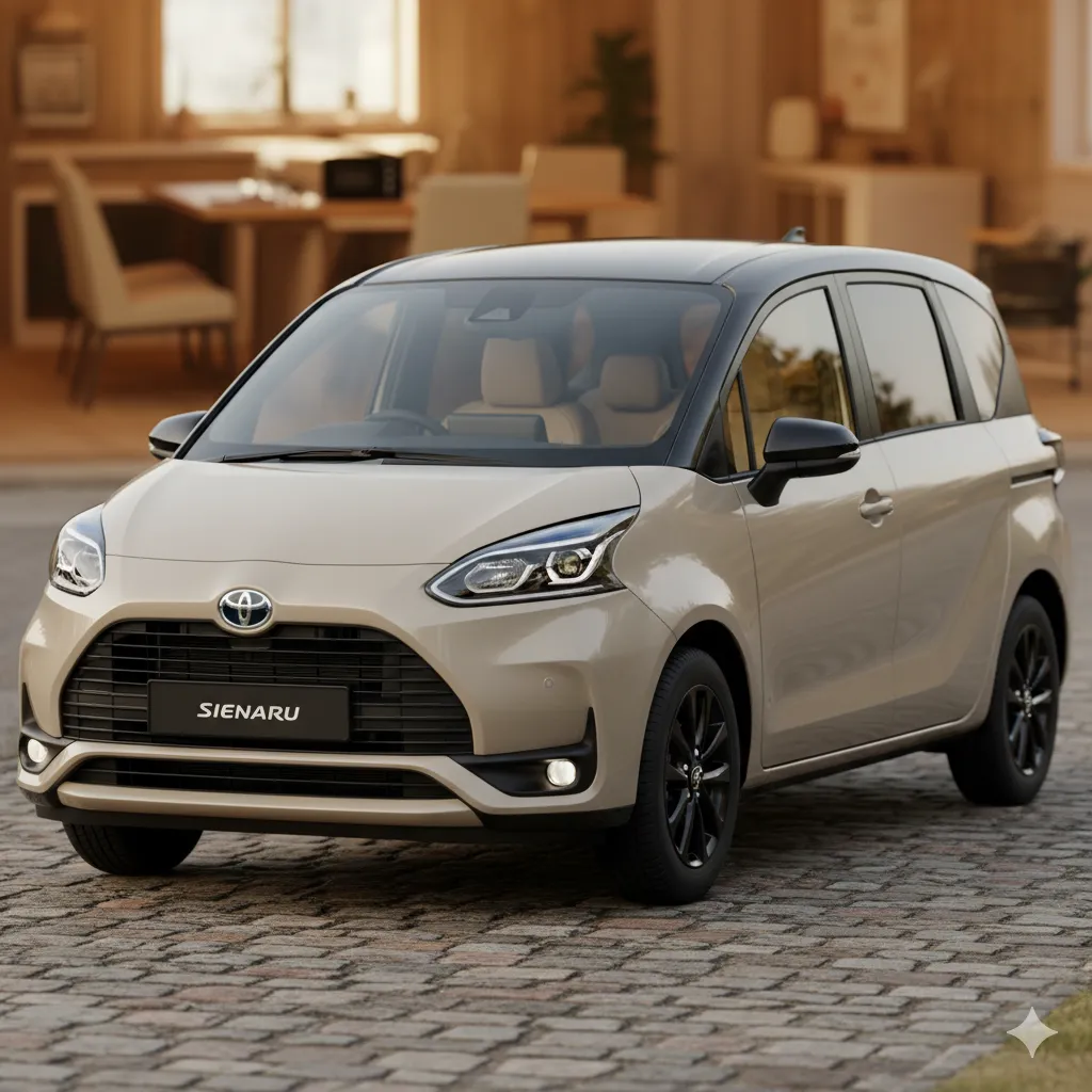 明るいベージュのボディとダークグレーのルーフが特徴の新型シエンタが、おしゃれな石畳の上に停車している。背景には温かみのあるリビングのような空間がぼんやりと見えている。