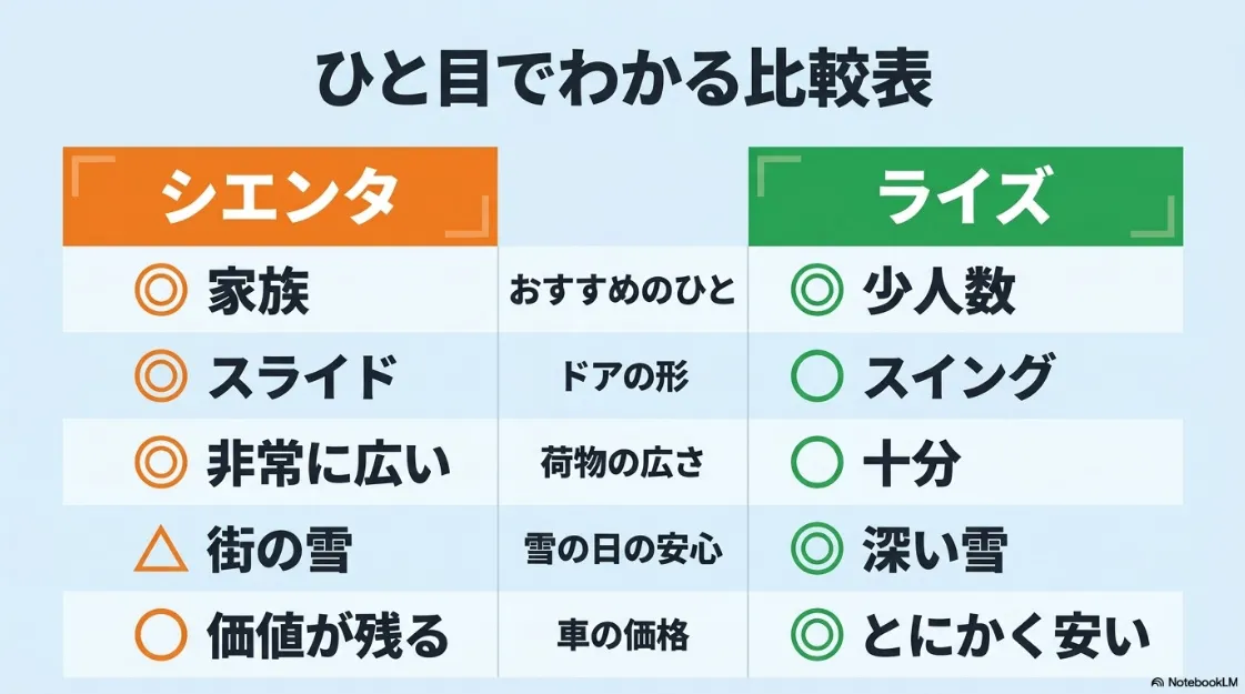 シエンタとライズの比較まとめ表。おすすめの層、ドアの形、荷室の広さ、雪道、価格の5項目をアイコンと簡潔な言葉で比較した表。
