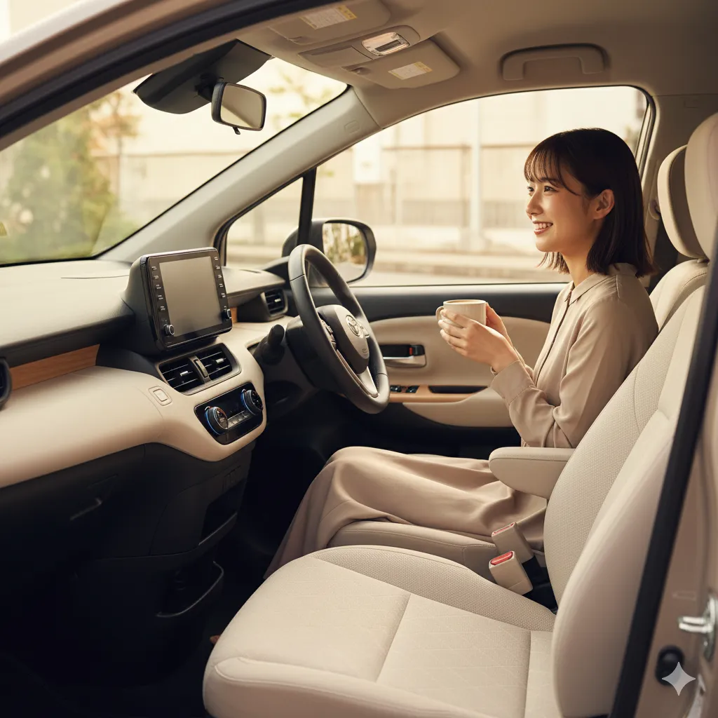 ベージュのボディカラーに合わせたフロマージュカラーの内装のシエンタの運転席に座り、コーヒーカップを片手にリラックスした笑顔を見せる日本人女性。