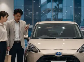 トヨタのショールームで新型シエンタを前に、デメリットを比較検討し悩んでいる日本人の夫婦