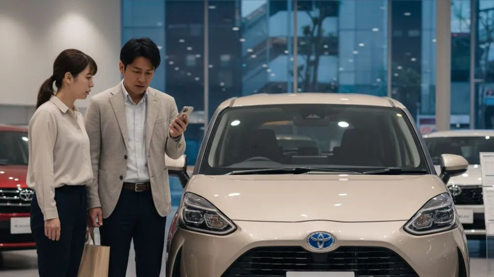 トヨタのショールームで新型シエンタを前に、デメリットを比較検討し悩んでいる日本人の夫婦