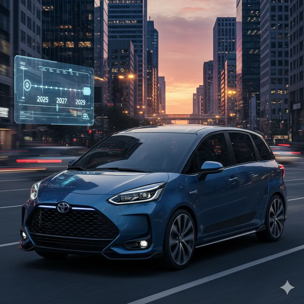 未来的な都市の夜景の中を走る最新の青いトヨタシエンタ。車の横には2025年、2027年、2029年とフルモデルチェンジの予測を示すホログラムが表示されている。