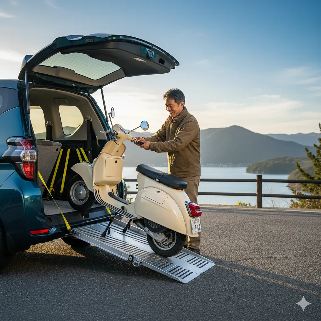 景色が良い海岸沿いの駐車場で、福祉車両仕様のシエンタに内蔵されたスロープを使って、クリーム色のベスパを積み込んでいる日本人男性。笑顔で作業しており、積み下ろしが容易であることを示す。