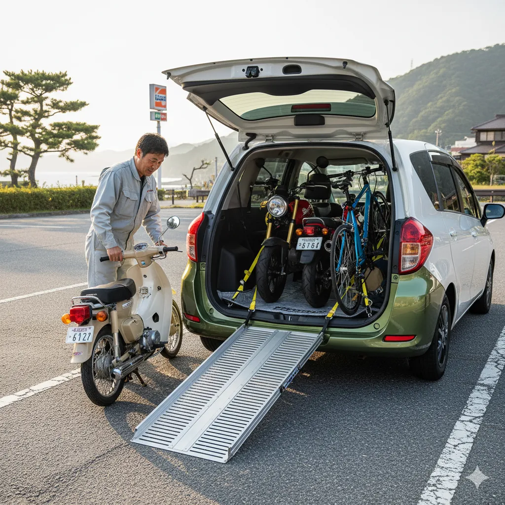 旧型シエンタの開いたバックドアから、男性が原付バイク（カブ）をラダーレールで積み込んでいる。荷室にはすでに別のバイクとロードバイクが積載されており、工夫してスペースを活用している様子。