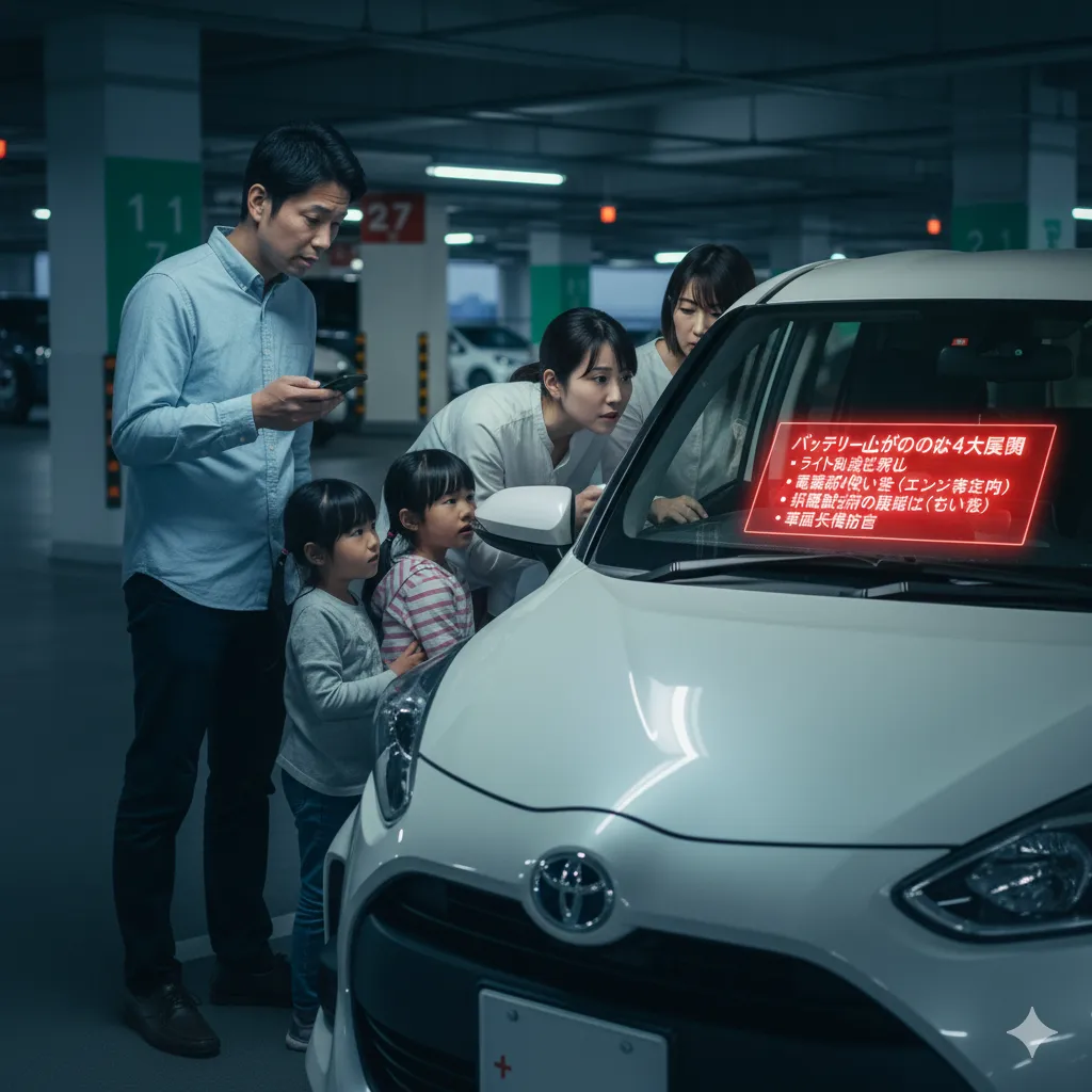 地下駐車場でバッテリー上がりを起こしたシエンタの周りに集まり、スマートフォンの画面に表示された「バッテリー上がりの主な4大原因」を見ながら原因を確認している日本の家族。