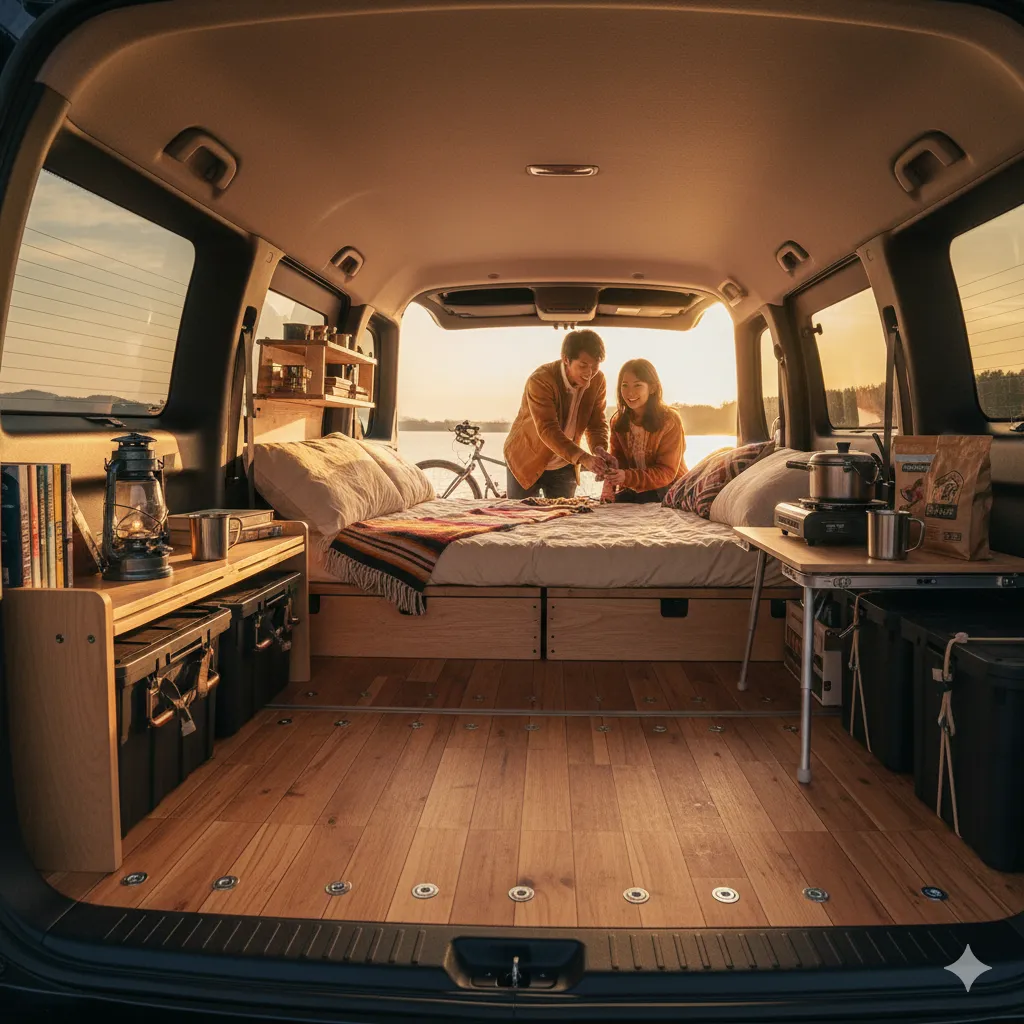 シエンタJUNOの荷室で車中泊を楽しむ日本人カップル。広々としたフラットな木製フロアにベッドと収納、棚が設置されている。