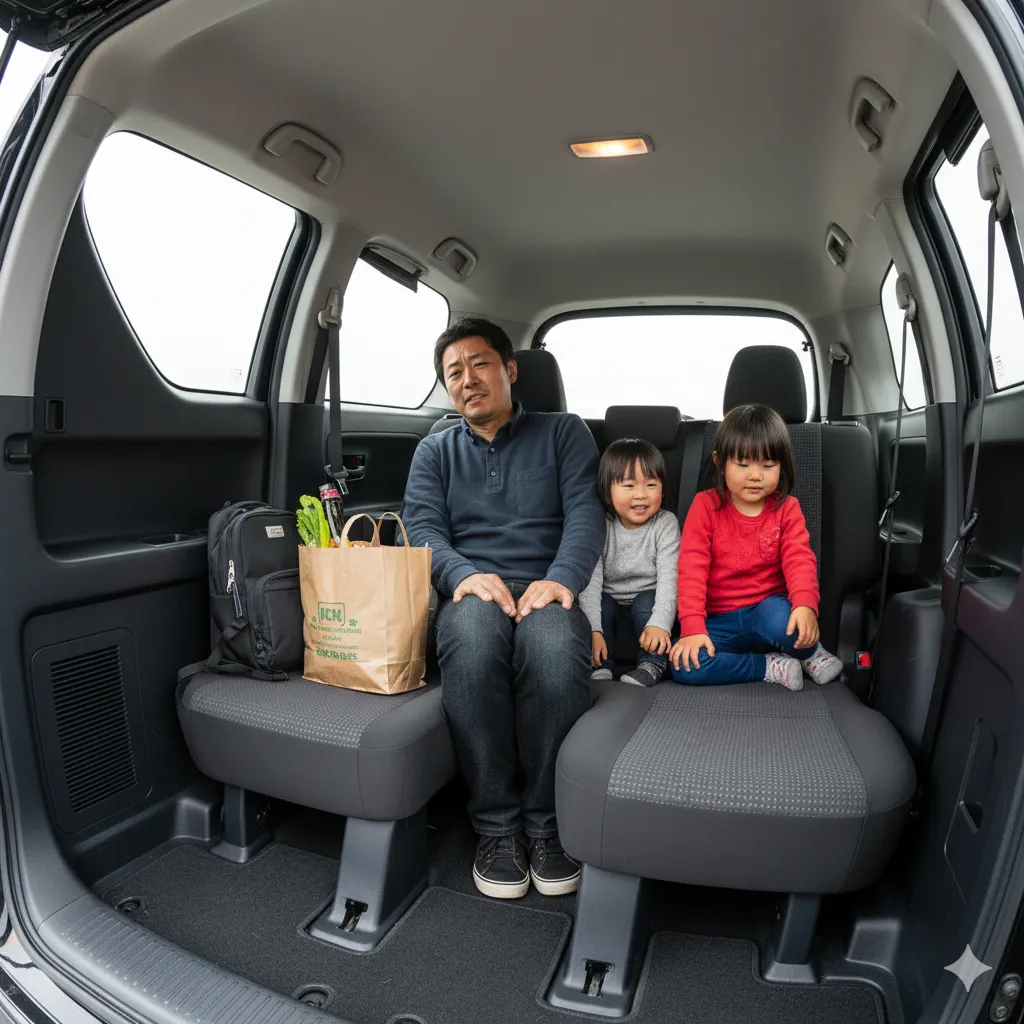シエンタの3列目シートに大人（日本人男性）と子供2人（日本人）が座っており、足元が手狭で、隣には小さな買い物袋とバッグが置かれている