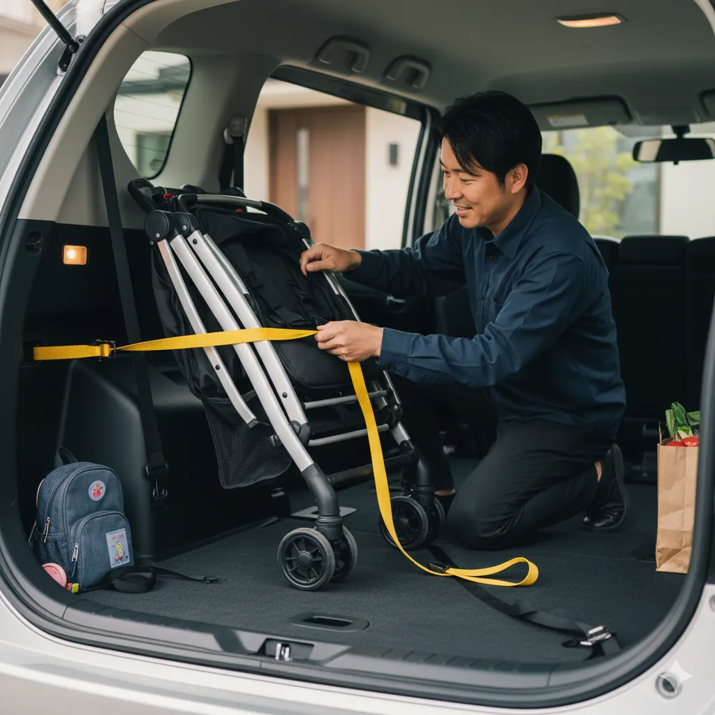 シエンタの荷室でベビーカーを結束ベルトで固定している日本人男性。荷室のユーティリティホールを活用している様子。