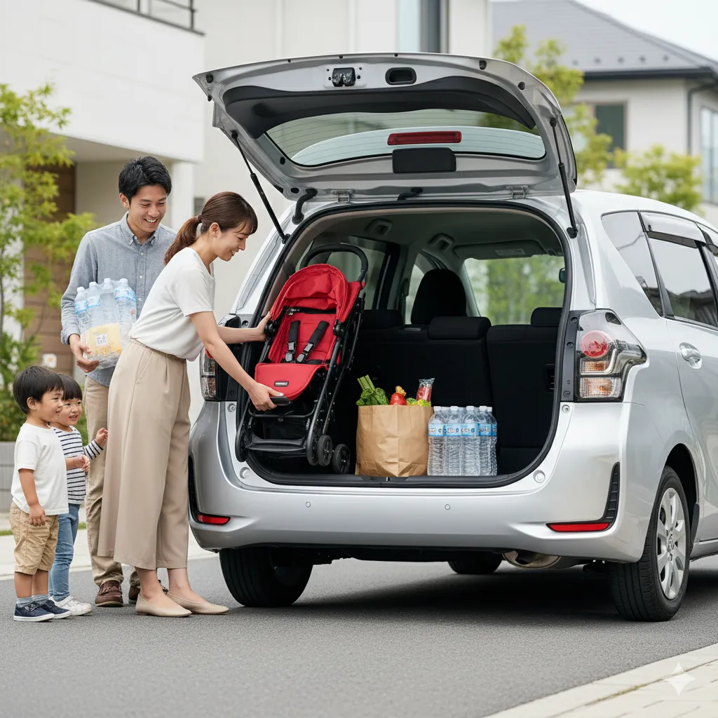 シエンタ7人乗りモデルの荷室にベビーカーと買い物袋を積み込む日本人家族。夫婦と二人の子供が笑顔で作業している。