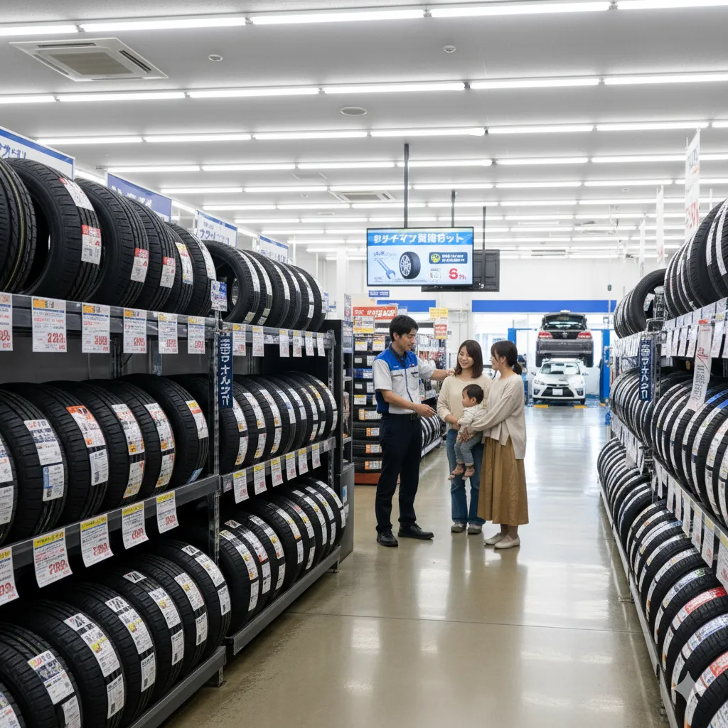 タイヤ専門店の店内。新品タイヤが棚に整然と並んでいる様子。