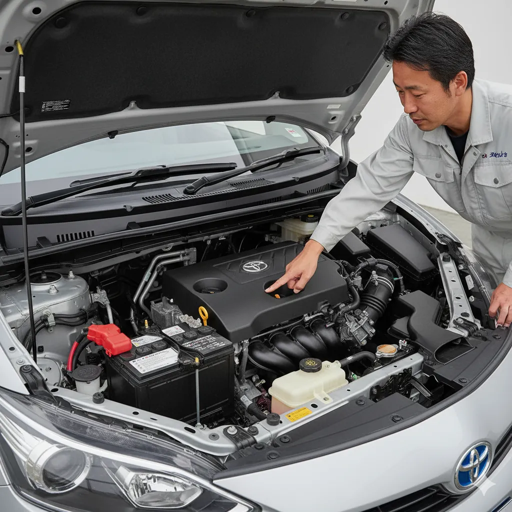 整備士がシエンタのエンジンルーム内のバッテリー位置を指さして説明している。