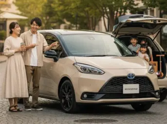 街並みに溶け込むベージュの新型シエンタと、その前で笑顔で談笑する日本人夫婦。後部座席から顔を出す子供たちが楽しげな家族の風景。