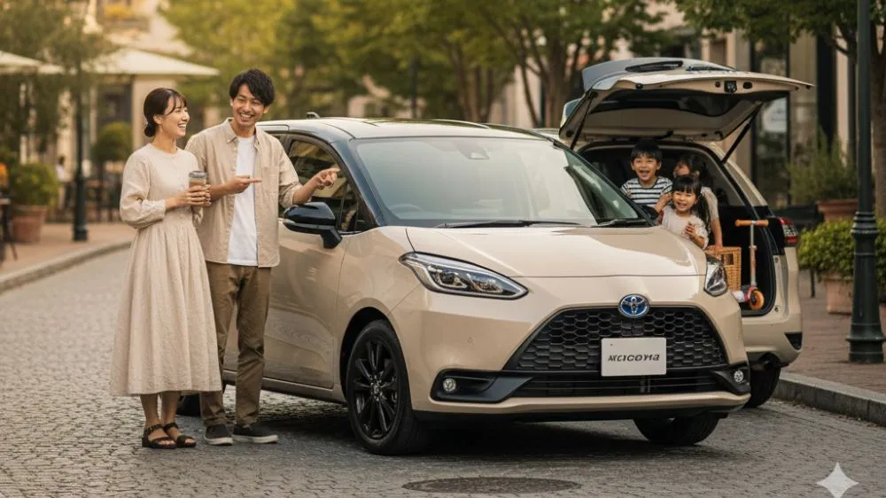 街並みに溶け込むベージュの新型シエンタと、その前で笑顔で談笑する日本人夫婦。後部座席から顔を出す子供たちが楽しげな家族の風景。