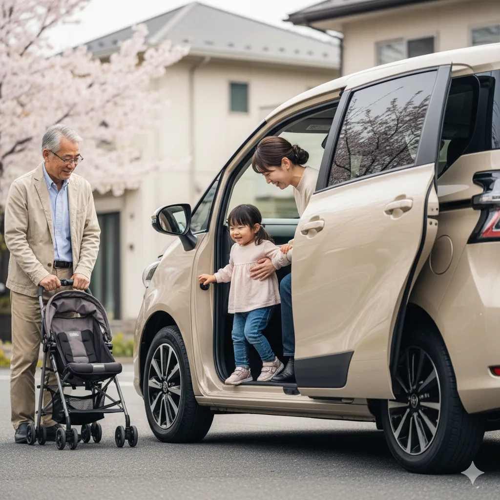 シエンタの低床フロアとスライドドアを使い、日本の母親が子供を楽に乗せ降ろししているシーン
