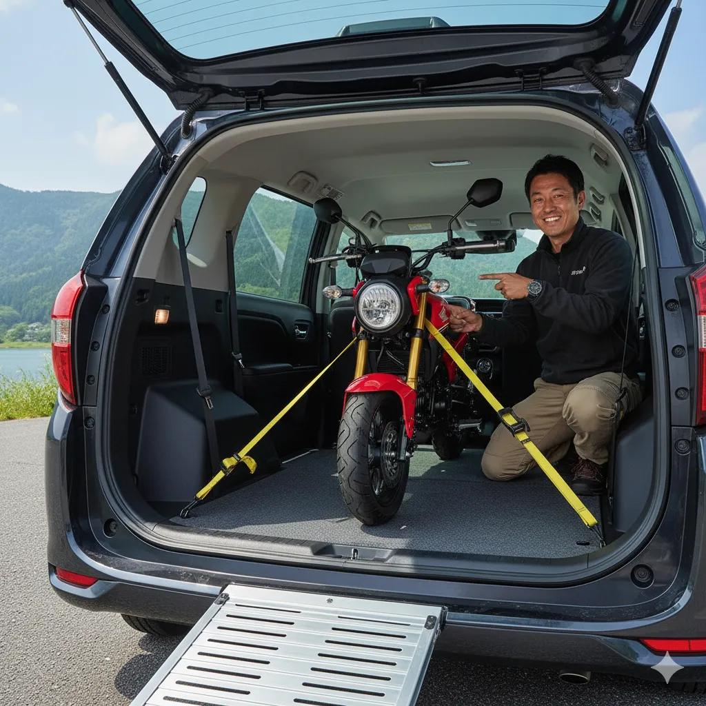 自然を背景に、新型シエンタの広い荷室に積載された赤いGROMを指差して笑顔を見せる日本人男性。タイダウンベルトでバイクがしっかりと固定されており、新型シエンタのトランポとしての使いやすさをアピールしている。