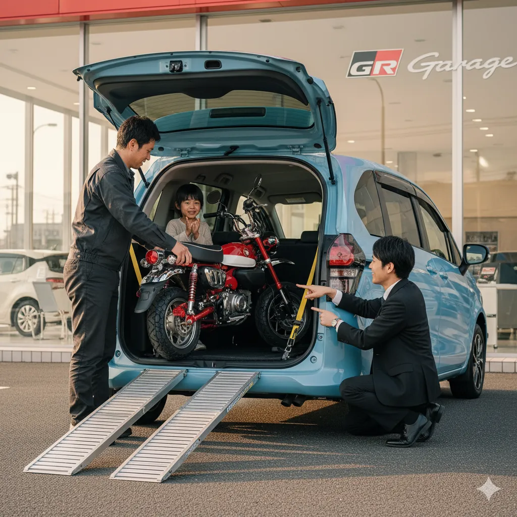 自動車ディーラーの駐車場で、営業担当者が新型シエンタの荷室に赤いモンキー125を積み込む手伝いをしている。子供も運転席に座って様子を見ており、家族での使用シーンと購入前の試乗の重要性を伝える。