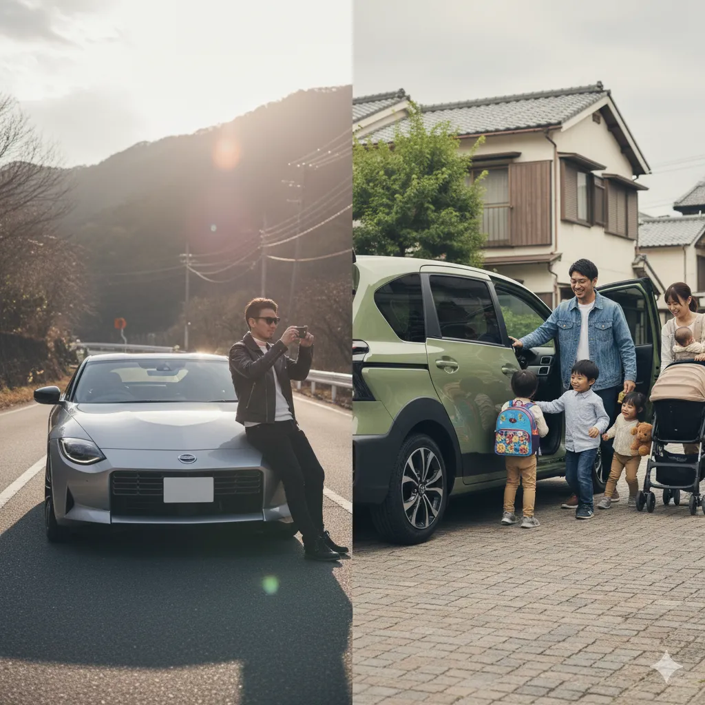 独身男性がスポーツカーに寄りかかって写真を撮る姿と、家族がシエンタに乗降する様子の比較画像