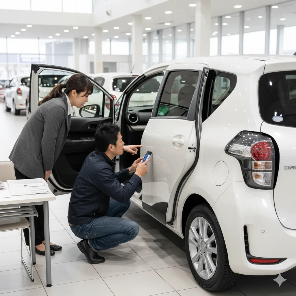自動車ディーラーで中古のシエンタを検討する男女。男性が車のサイドパネルを指さして詳細を確認しており、女性スタッフが説明している。