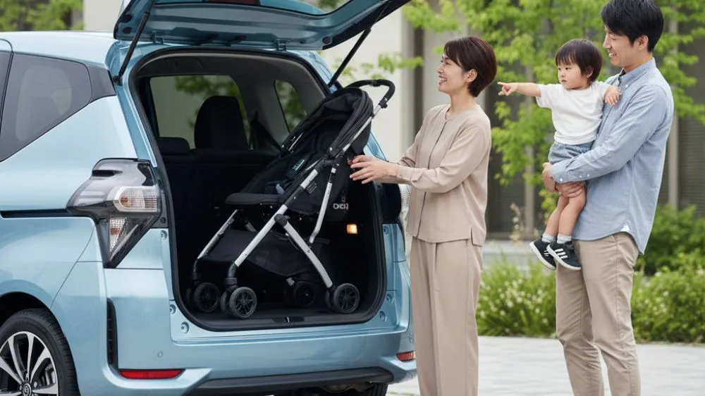 シエンタの開いたバックドアからベビーカーを荷室に入れようとしている日本人夫婦と子供。