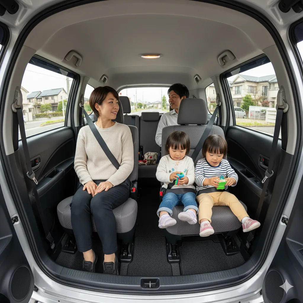 トヨタ・シエンタの3列目シートを補助席として使用している日本人家族。子供が笑顔で座り、大人は短時間の移動で利用している様子。日常使いでの柔軟な活用方法を表現。